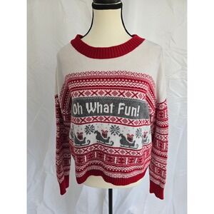 YETAGAIN Women Ugly Christmas Sweater "Oh What Fun" Snowflake Sleigh Red White M